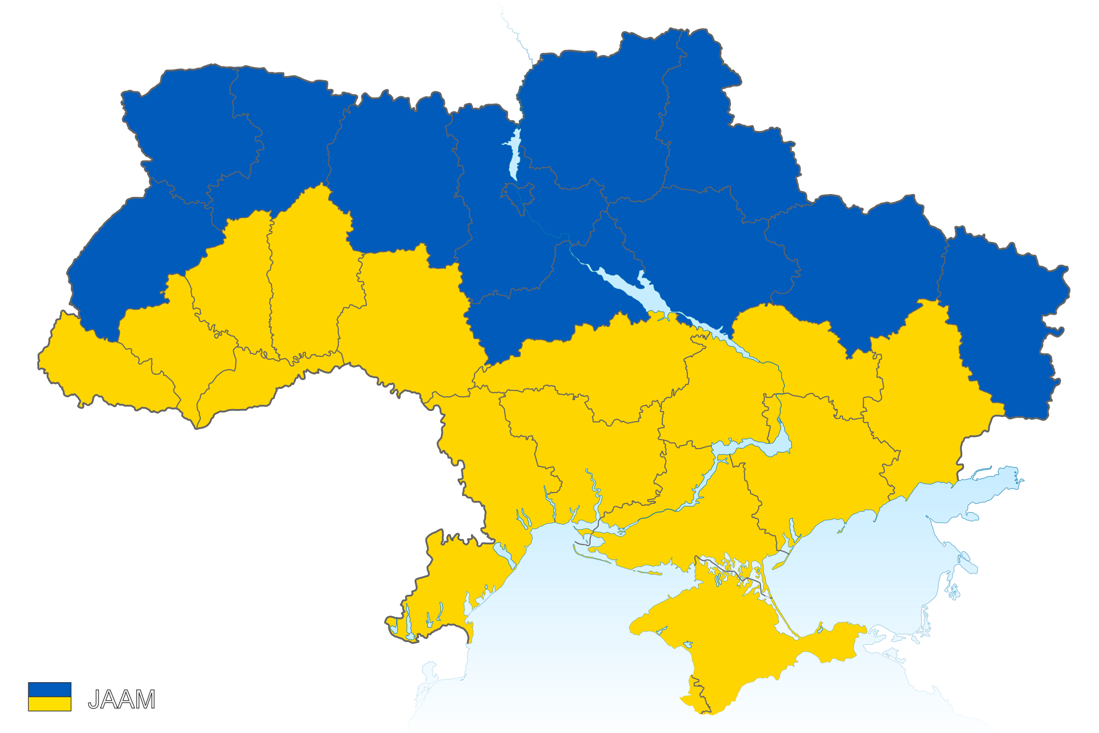 Map of Ukraine colored with national flag colors